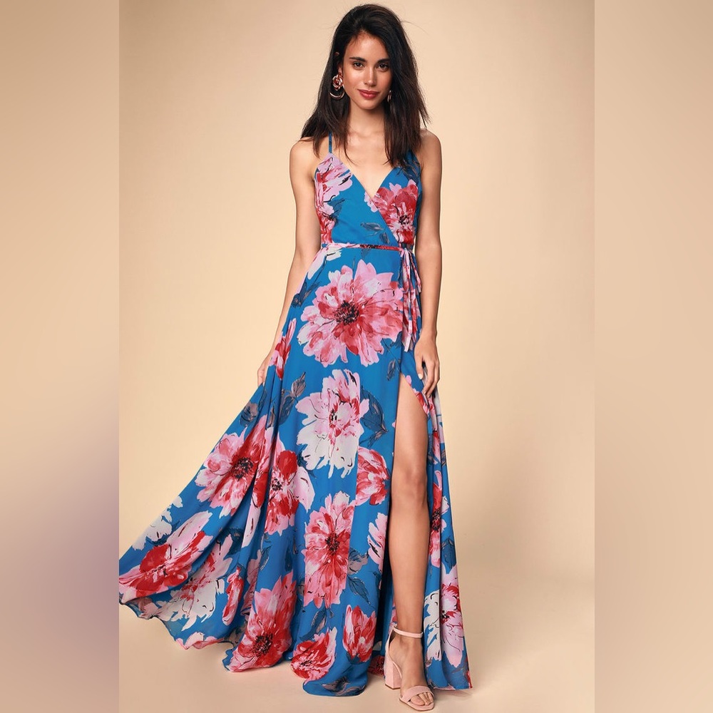 NWT LULUS  Always There For Me Blue Floral Print Wrap
Maxi Dress - XS